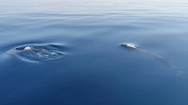 An immersive high-angle or top-down shot of two dolphins swimming gracefully just beneath the surface of the clear, blue ocean water. Sunlight creates rippling patterns across their bodies, highlighti