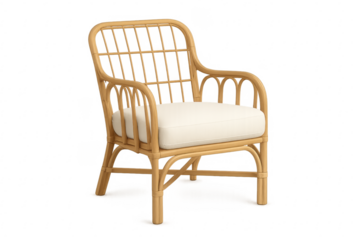 Rattan cane armchair with white cushion featuring transparent background