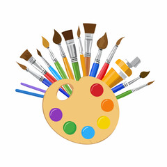 Artist palette and paint brushes with transparent background