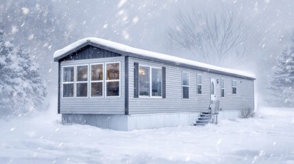 Fototapeta premium Medium shot of a snowready mobile home with insulated walls and a pitched roof covered in snow while soft snowflakes fall gently in the blurred backdrop.