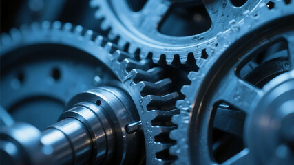 A close-up of interlocking metal gears showing their detailed structure and movement.