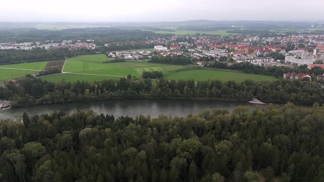 Aerial view of Lechstaustufe 15 in Landsberg am Lech, Germany. Renovation with fish ladders and river restoration under EU Water Directive. Autumn scenery from above