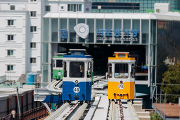 Haeundae Blue Line Park, Busan, ride on multicoloured sky capsule train, railway tram route from Mipo to Cheongsapo station, coastal monorail in Busan, Yeongnam, South Korea, Republic of Korea travel