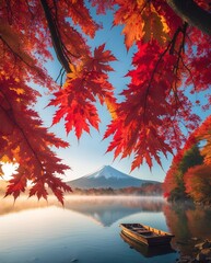 A breathtaking view of Mount Fuji framed by autumn maple leaves