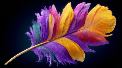 Obraz premium Vibrant feather showcasing a stunning array of colors including purple, orange, and yellow, with intricate details and textures, set against a dark background, emphasizing its natural beauty and elega