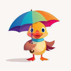 Little duck holding rainbow umbrella with transparent background