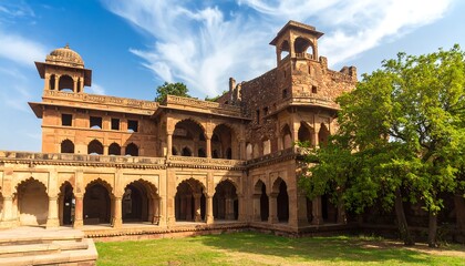 Fototapeta premium Ancient stone palace courtyard under a partly cloudy sky