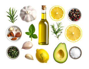 Olive oil bottle with herbs and citrus isolated on transparent background