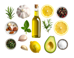 Olive oil bottle with herbs and citrus isolated on transparent background