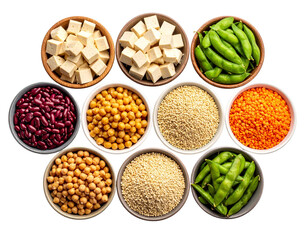 Fototapeta premium Bowls of legumes and tofu isolated on transparent background