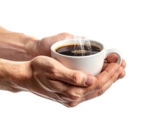 Hands holding cup of hot coffee isolated on transparent background