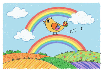 Cute Bird Sitting on Rainbow