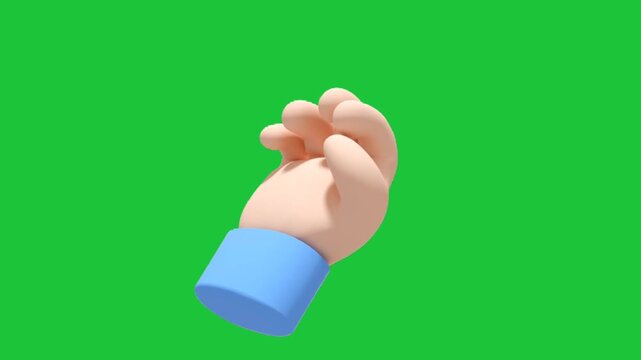 A 3D cartoon hand with a blue cuff on its wrist opens its palm upwards on a green screen