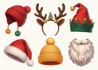 Festive Christmas headwear collection including Santa hats reindeer antlers and elf caps perfect for holiday themed designs and decorations