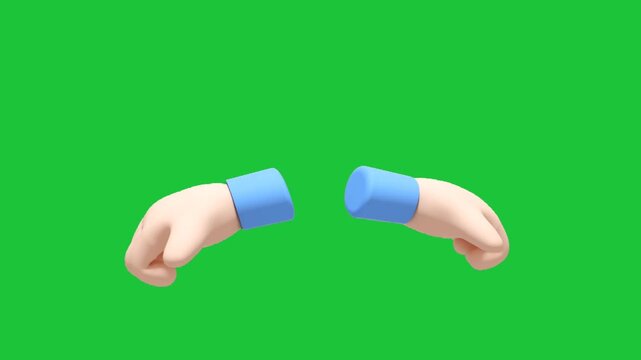 Two cartoon hands with blue cuffs are shown on a green screen, palms open downwards
