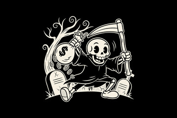 Fototapeta premium Happy cartoon Grim Reaper skeleton dancing with a scythe and money bag.