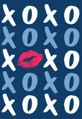 XOXO hand written phrase and lipstick kiss isolated on navy background. Phrases xoxo . Phrase for Valentine's Day. Ink vector illustration. Modern calligraphy brush. red lips