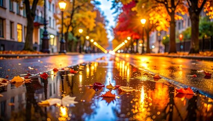 Obraz premium Urban Street with Autumn Reflections at Dusk