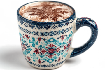 Hot chocolate in a decorative mug with foam and cocoa powder perfect for a cozy winter beverage advertisement