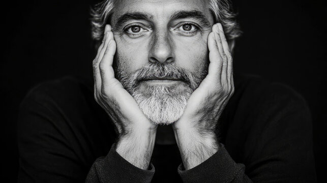 Striking black and white studio portrait capturing contemplative man with distinguished gray beard and expressive eyes, his hands supporting his chin