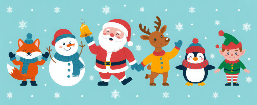 Festive Christmas characters including Santa Claus reindeer and snowman cute vector illustration for holiday designs and greeting cards