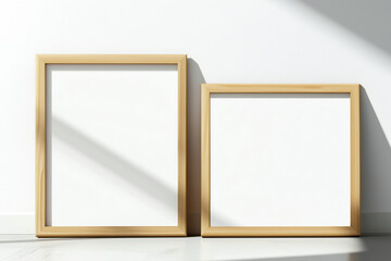 Wooden mock up poster frames by the wall