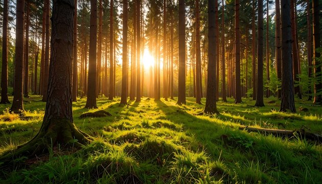 Sunlight streams through a pine forest - Powered by Adobe