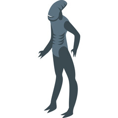 Alien Creature With Elongated Head and Slim Body Standing In Isometric View On White Background