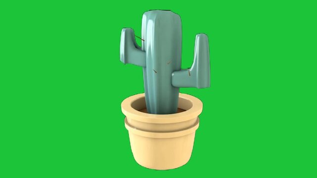 Animated cartoon cactus in a pot on green screen. Perfect for desert, nature, or quirky concepts. Easy to use with chroma key