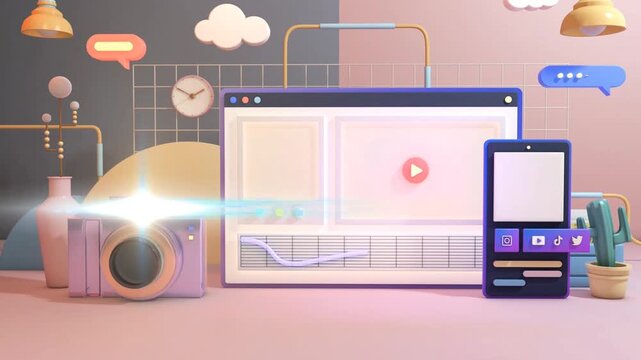 3D animation of a camera flash, video editing interface, and social media icons in a pastel studio