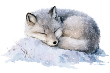 Watercolor illustration of a sleeping arctic fox in the snow winter scene isolated on white background