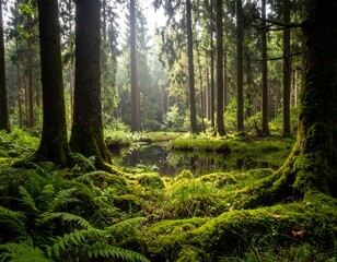 Lush forest with tranquil pond