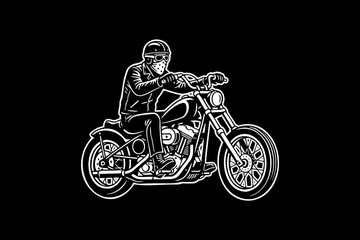 Fototapeta premium Monochrome illustration of a biker riding a classic chopper motorcycle.