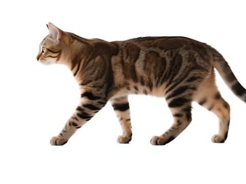 A domestic cat with striped fur is walking gracefully on a white background, showing its elegant posture.