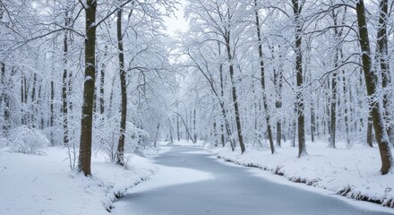 Obraz premium Snowy Forest Path with Frozen River in Winter