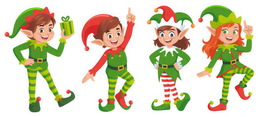 Group of cheerful Christmas elves in green and red costumes cartoon vector illustration for holiday designs and festive decorations