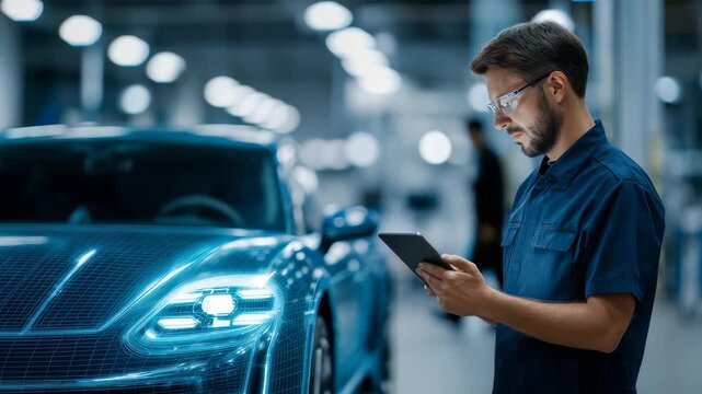 Male engineer in safety glasses inspects high tech electric car with digital overlay in cutting edge factory. Scene highlights innovation, smart manufacturing, evolution automotive technology