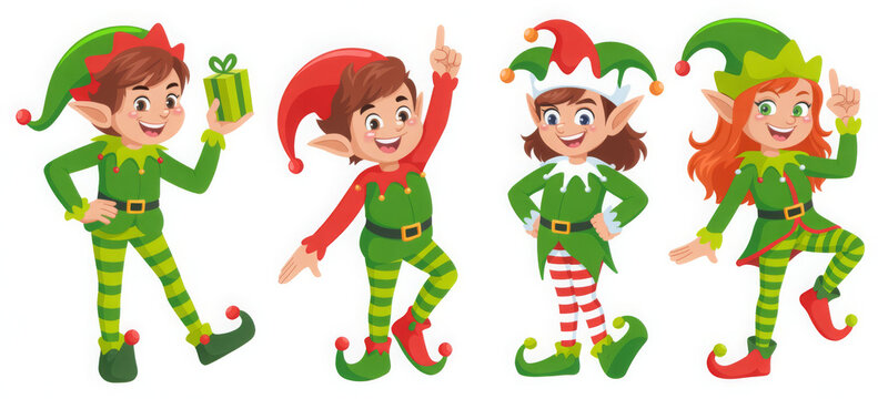 Group of cheerful Christmas elves in green and red costumes cartoon vector illustration for holiday designs and festive decorations