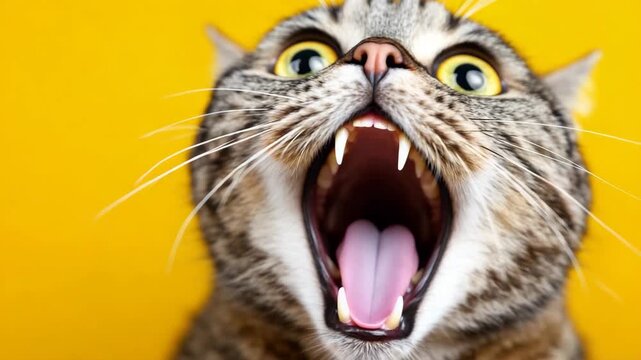 Funny Surprised Cat with Open Mouth on Yellow Background