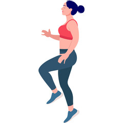 Athletic Woman Performing High Knees Exercise in Coral Sports Bra and Dark Blue Leggings with White Background