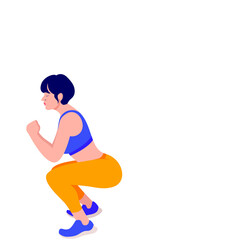 Athletic Woman Performing Squat Exercise in Blue Crop Top and Orange Leggings with Short Dark Hair Focused on Fitness and Healthy Lifestyle