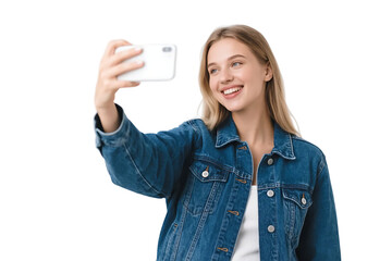A young woman in a denim jacket is taking a selfie with her smartphone, looking cheerful and stylish.