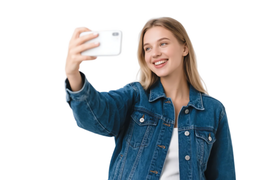 A young woman in a denim jacket is taking a selfie with her smartphone, looking cheerful and stylish.