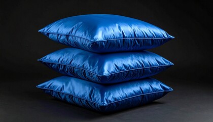 Three glossy blue satin pillows stacked neatly against a dark background