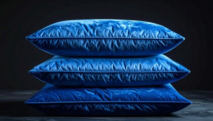 Three glossy blue satin pillows stacked neatly against a dark background