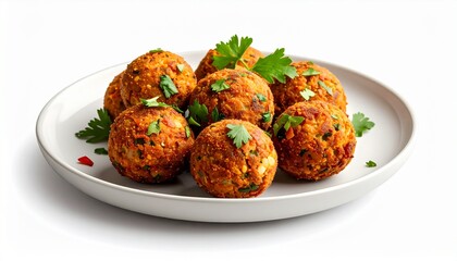 Golden-brown falafel balls arranged on a white plate with lettuce and parsley garnish