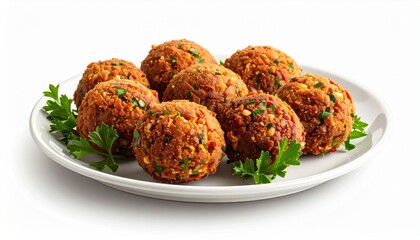 Golden-brown falafel balls arranged on a white plate with lettuce and parsley garnish