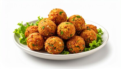 Golden-brown falafel balls arranged on a white plate with lettuce and parsley garnish