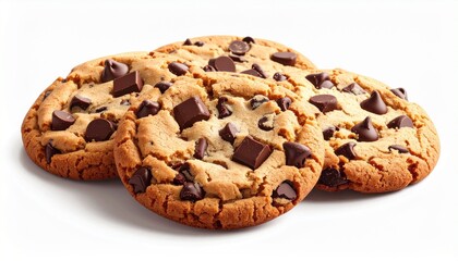 golden brown chocolate chip cookies rest on a white surface