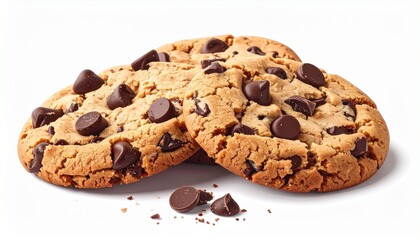 golden brown chocolate chip cookies rest on a white surface